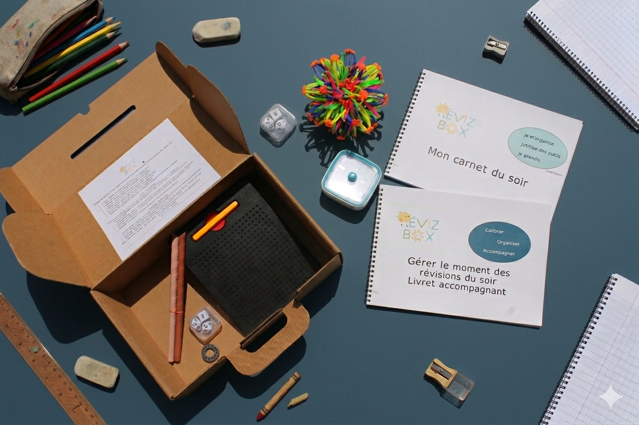Réviz Box Famille, conçue pour rendre les révisions plus douces et plus efficaces pour chaque enfant, quel qu’il soit.